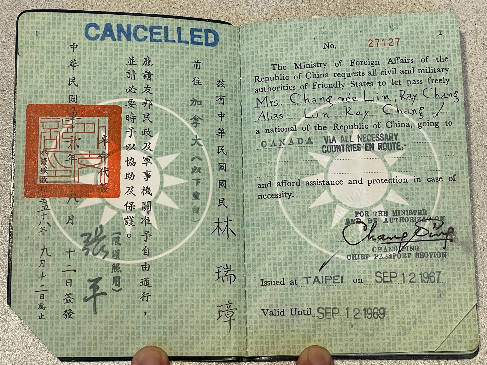 Republic of China passport issued to Mrs. Chang nee Lin, Ray Chang, going to Canada, September 1967