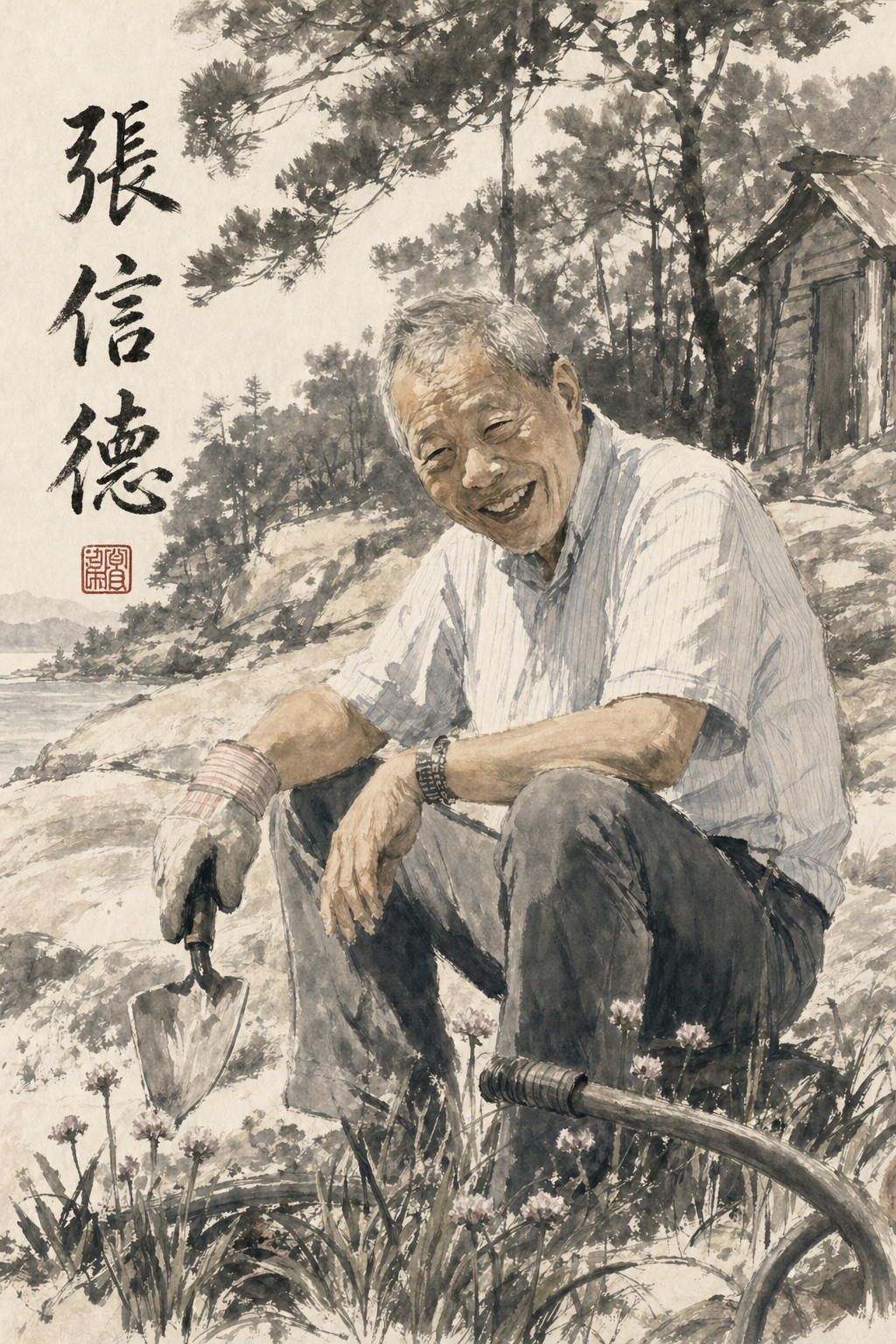 Portrait of Shinn-Der Chang in his garden, with calligraphy 張信德 and red seal